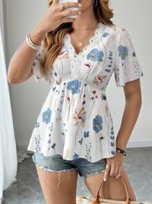 SHEIN LUNE Plus Size Women V-Neck Floral Ruffle Trim Short Sleeve Tie Waist Floral Vacation Romantic Elegant Blouse