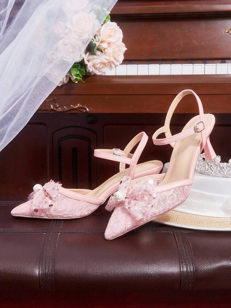 CUCCOO HITCHD Zapatos de tacón alto con punta afilada, encaje, perlas y lazo de malla para mujer, color rosa
