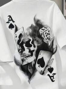 SHEIN Bolty Poker, Tween Boys' Casual Minimalist Abstract Skull Spade A Print Round Neck Short Sleeve T-Shirt, Suitable For Summer, Made Of Cotton - White - View 4