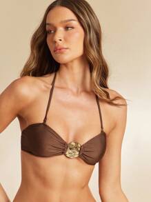 Hauture Women's Sexy Summer Vacay Front Metal Decor Simple Dark Brown Bikini Top - Brown - View 4