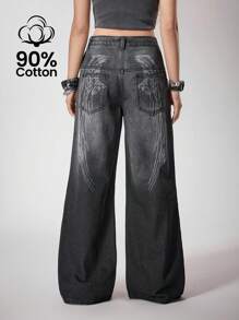 Y2Kool Ekonfriends Black Gray Washed Angel Wings Punk Dark Street Style Women Loose Straight Low Waist Jeans Suitable For Casual Party Music Festival Jeans Wide Leg Goth Pants Wing Jeans Wide Leg Jeans Graphic Y2k Jeans SXY 2000s Fall Winter Club Outfits Women Sexy Baggy Jeans Jeans With Wings Print Baggy Jeans Women Low Rise Jeans Going Out Autumn Matching Idea New Year Outfits Stylish Clothing Collection