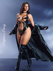 EmpressEnvy 加大码黑色 PU 皮革泰迪熊，带肩带和包裹细节，黑色 PVC 内衣，哥特内衣，黑色皮革内衣，适合狂欢 - 黑色 - 查看 1