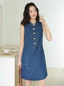 K-Vae 秋季韩式休闲牛仔连衣裙、返校节礼服、女士秋季服装、复古风格女装 - 中等水洗藍 - 查看 6
