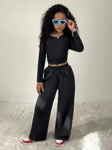 Coolane Tween Girls Four Seasons 2pcs/Set Round Neck Solid Color Fitted Long Sleeve Top And Pants Fall Winter - Black - View 3