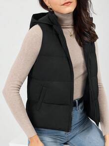 Miaspire 拉链斜口袋黑色连帽无袖棉服大衣 - 黑色 - 查看 5