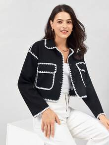 Miaspire 休闲通勤双色修剪短款大衣 - 黑與白 - 查看 6