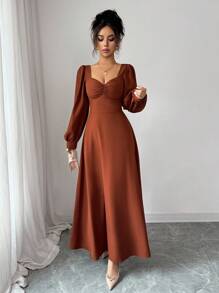 Elenzga 女士秋季优雅方领泡泡袖收腰长裙，适合日常通勤 - 棕色 - 查看 8