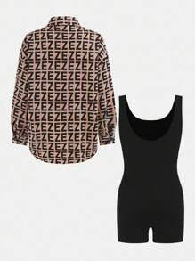 Conjunto de chaqueta con estampado completo + mono de punto negro para niñas preadolescentes, atuendo versátil de moda casual diaria para el regreso a clases - Café integral - Ver 3