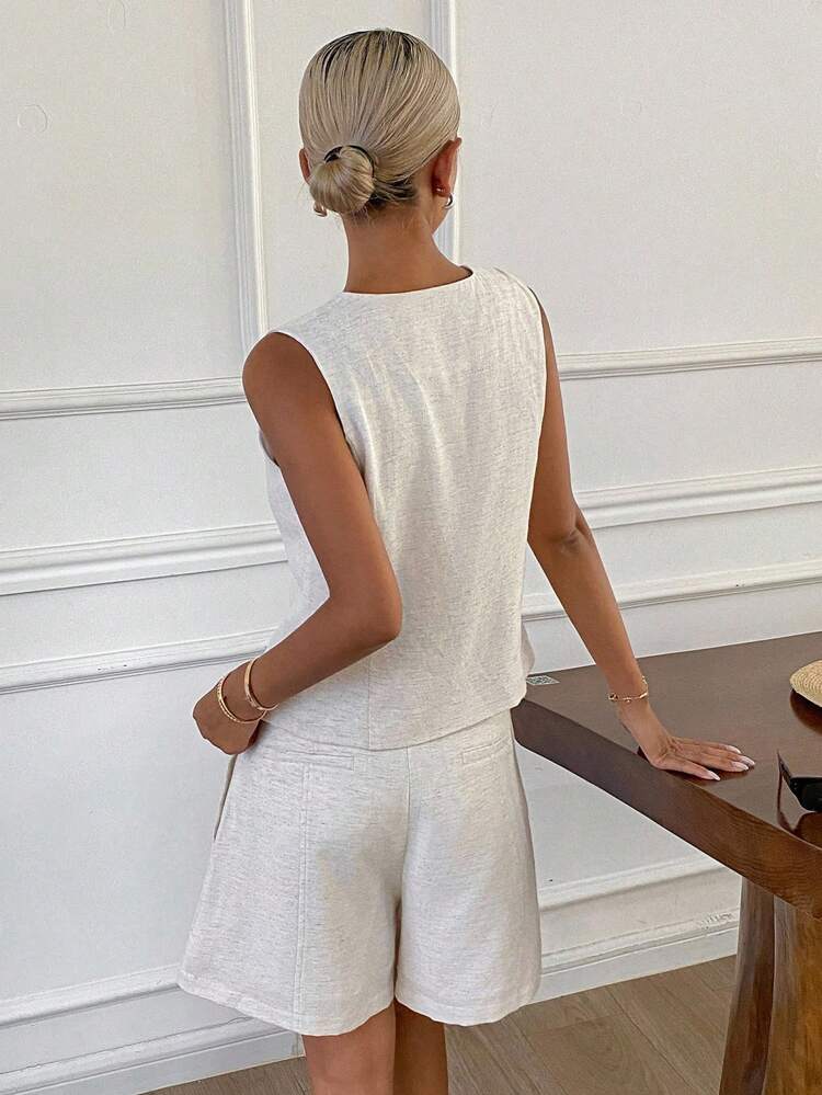 2pcs Women Solid Color Fitted Waist V-Neck Vest Jacket And Straight Shorts Casual Suit, Autumn