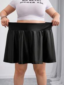 SHEIN CURVE+ Curves 大码/学校服装/返校服装/返校大码女式 PU 皮革黑色迷你短裙短裤，内置短裤和口袋，女式黑色短裙，大码短裙，仿皮短裙，短裤运动短裙，女士假日服装，女士秋季服装，冬季，CURVE PLUS - 黑色 - 查看 3