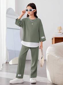 SHEIN 青少年女孩休闲街头针织补丁圆领宽松上衣和长裤两件套 - 軍綠色 - 查看 2