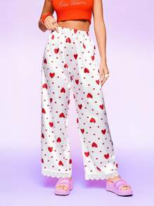 Notgurli Women's Comfortable Contrast Lace Heart Print Lounge Pants - Apricot - View 3