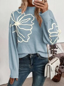 SHEIN Clasi Áo len cổ tròn trễ vai họa tiết hoa jacquard thường ngày cho nữ - Nhiều màu - Xem 5