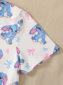 Girl Big Kids Simple Cute Blue Rabbit Print Pink Background Short Sleeve Top And Pink Shorts 2pcs Set - Multicolor - View 7