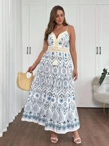 Vionelle Vestido plus size feminino casual férias verão cintura marcada alças finas - Multicolorido - Ver 1
