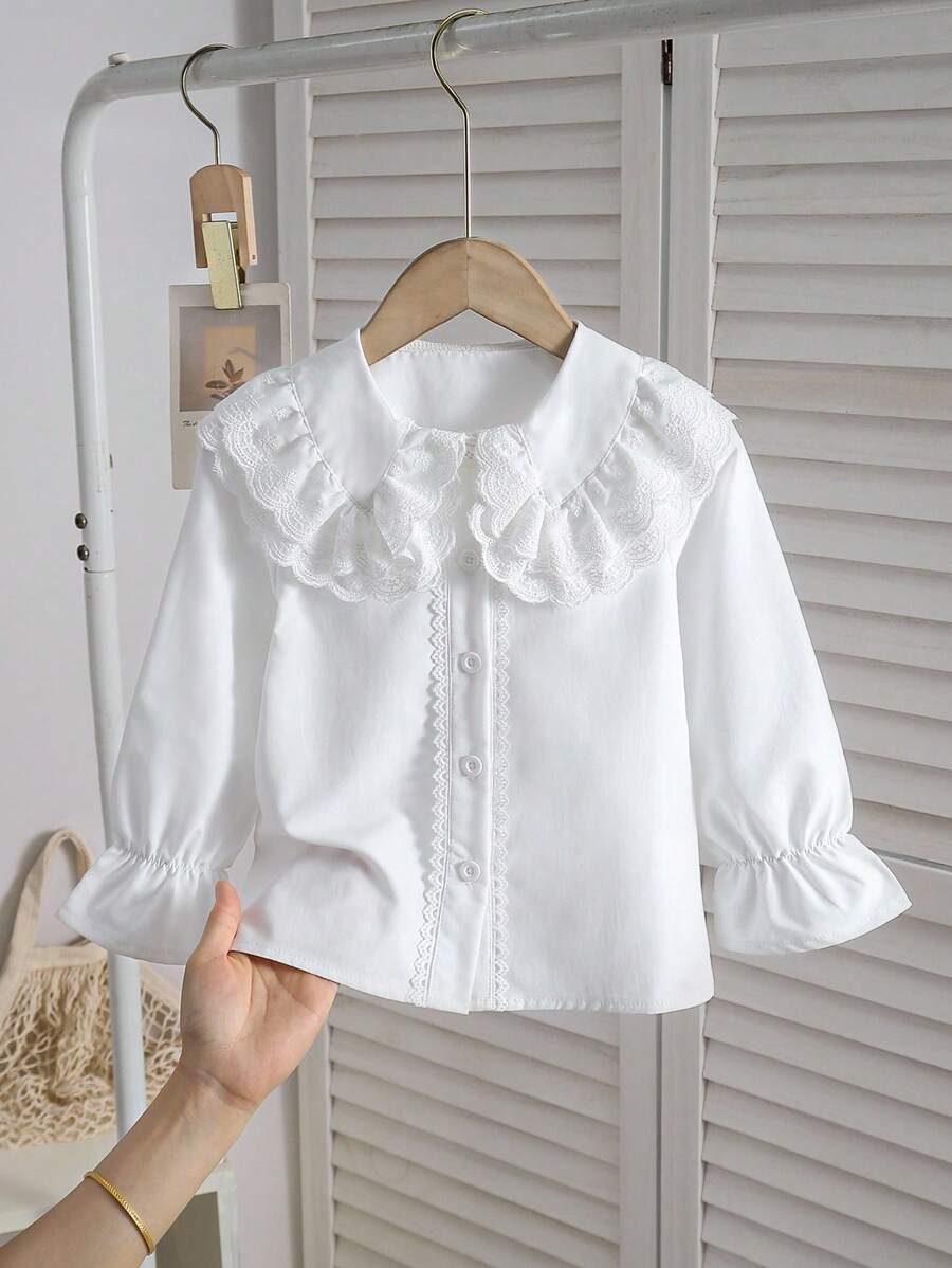 SHEIN Young Girl Casual Plain Peter Pan Collar Button-Up Shirt For Daily Wear Fall Winter - White - View 1