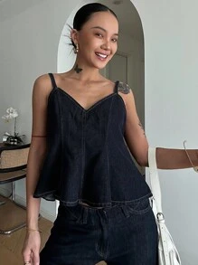 DAZY 女士夏季休闲水洗牛仔吊带背心 - 藍色 - 查看 2