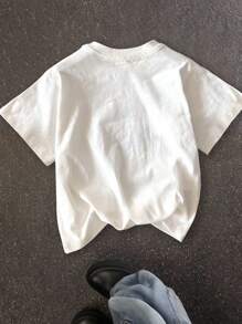 SHEIN Camiseta de manga corta con cuello redondo y estampado de letra minimalista casual para niños preadolescentes, adecuada para el verano