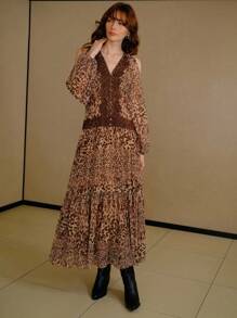 MOTF PREMIUM LEOPARD PRINT COLD SHOULDER LANTERN SLEEVE LACE TRIM FLOWY HEM LONG DRESS - Multicolor - View 5