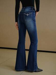 MOTF PREMIUM RHINESTONE FLAP POCKET FLARE LEG JEANS WITHOUT BELT - Blue - View 3