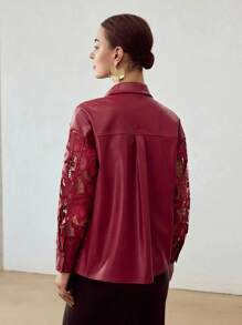 MOTF PREMIUM PU LEATHER FLORAL EMBROIDERY LASER CUT BLOUSE