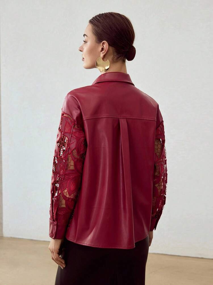 PU LEATHER FLORAL EMBROIDERY LASER CUT BLOUSE