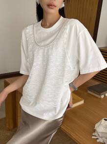 DAZY 宽松蕾丝拼布亮片无袖夏季女士T恤，休闲简约 - 白色 - 查看 5