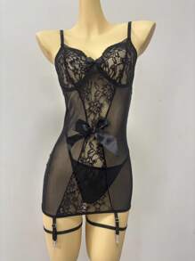 SHEIN 4pcs Lace Contrast Mesh Bow Babydoll Lingerie Set With Thong And Garters - Black - View 6