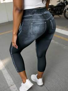 INAWLY Plus Size Women Denim Effect Print High Waist Capri Leggings