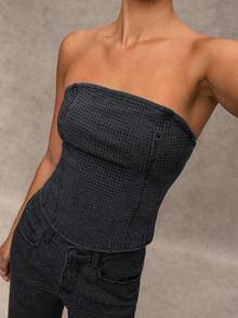 SHEIN BAE 女士时尚水钻装饰短款牛仔吊带背心，夏季 - 深灰色 - 查看 1