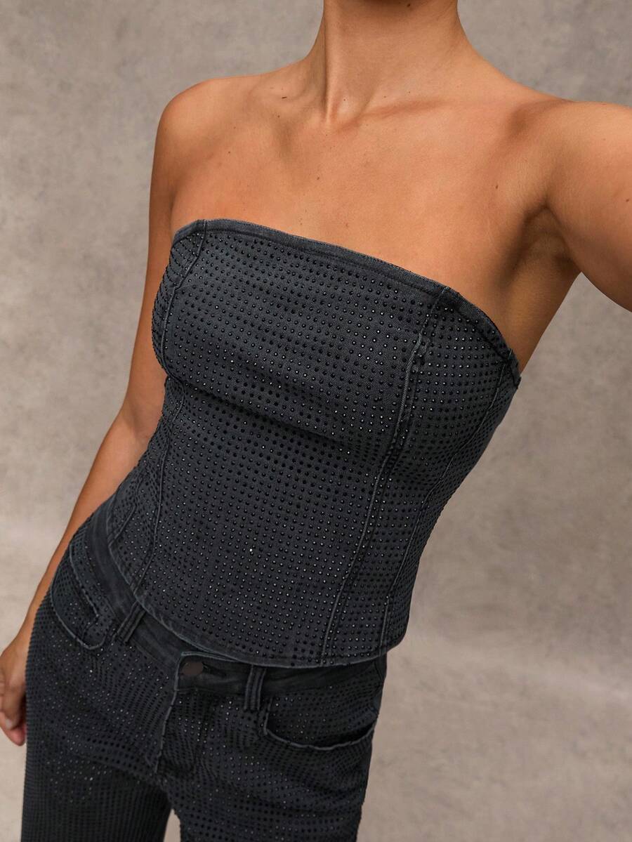 SHEIN BAE 女士时尚水钻装饰短款牛仔吊带背心，夏季 - 深灰色 - 查看 1