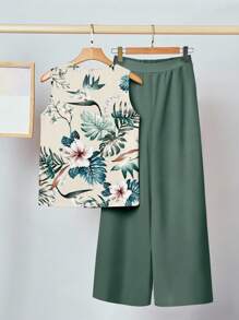 SHEIN Clasi 2pcs Set Women Casual Elegant Ruched Round Neck Loose Tank Top & Straight Leg Pants Suit, Suitable For Summer, Tropical Floral & Leaf Print Design Summer Pants Sets Women Summer 2 Pieces Sets Suitable For Going Out - Multicolor - View 2