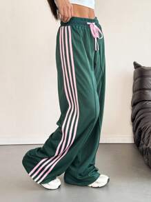 INAWLY Quần dài thể thao ống rộng cạp rút họa tiết sọc tương phản cho nữ - Màu xanh lá cây đậm - Xem 5