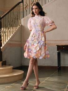 Anewsta 春夏新款女式都市优雅网眼提花刺绣 3D 花朵中长连衣裙，适合情人节、约会之夜、度假装