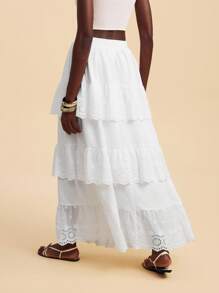 Travachic Women's White Hollow Embroidered Ruffled Hem A-Line Skirt,Summer Boho Beach Holiday Vacation,Spring,Easter,Music Festival, Date Night,Autumn - White - View 2