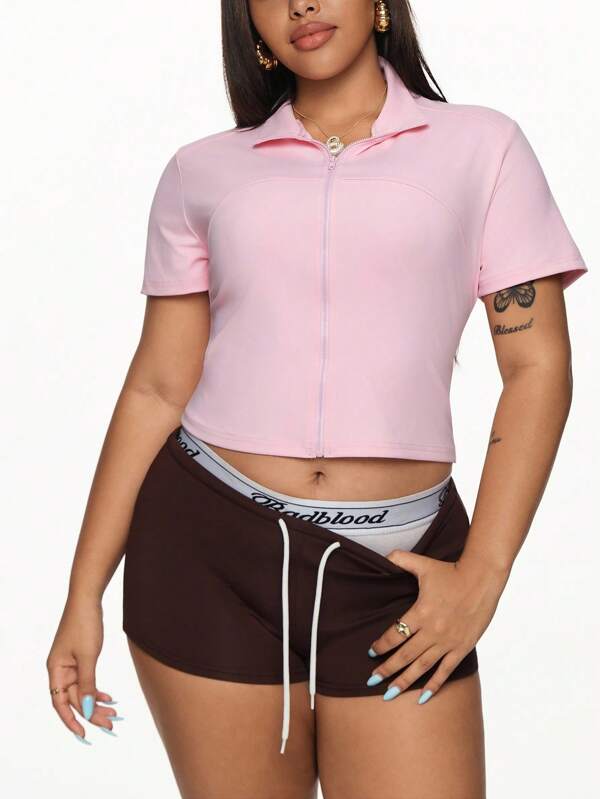 Easithlete Women Plus Size Slim Fit Zip-Up Striped Elastic Waist Short Sleeve Sports Casual Windbreaker Jacket, Suitable For Daily, Running, Tennis Orange