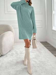 EURMUSE Knitwear Dress With Folded Neck And Cable Pattern,Winter Dresses For Women,Petite - Mint Green - View 2
