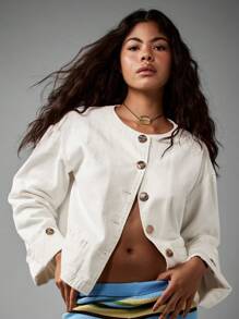 AiiRZ 女式 Trophy 牛仔夹克白色棉质纽扣前短款夹克春夏轻便复古时尚现代休闲装街头风必备