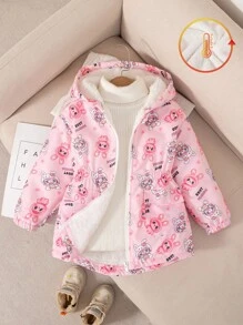 SHEIN Elladie kids 1 件年轻女孩可爱卡通印花粉色连帽运动衫，松紧腰带，保暖衬里，时尚简约设计，适合秋冬 - 粉色 - 查看 5