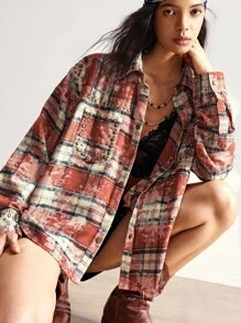 Bohemela Women Summer/Autumn Fall Casual Vacation Woven Plaid Hippie Studded Detail Long Sleeve Loose Fit Shirt, Bohomian Style Vacation, Suitable For Music Festival - Multicolor - View 3