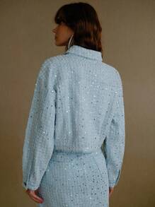 MOTF PREMIUM CONTRAST SEQUIN BUTTON UP DENIM JACKET - Blue - View 3