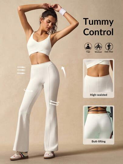 VARSIVA Yoga Women Pants Women Plain Color Seam Front Flare Leg Active Pants White Leggings
