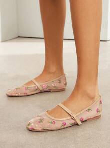 SHUZIA Elegant Women's Nude Embroidered Mesh Mary Jane Flats Vintage-Inspired Multi Floral Ballet Shoes With Strap - Multicolor - View 7