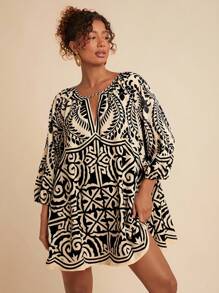 Travachic Casual Black Mini Dress With All Over Print And Bishop Sleeves Pattern Dress Graphic Dress Geometric Print Dress Print Top Printed Top - Black - View 6