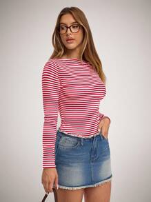 SHEIN Forever 21 Women's Striped Boatneck Long Sleeve Slim Fit Casual T-Shirt - Red - View 6