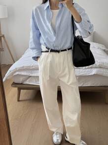 DAZY 时尚简约百搭长袖条纹衬衫，秋季女装 - 淺藍色 - 查看 5