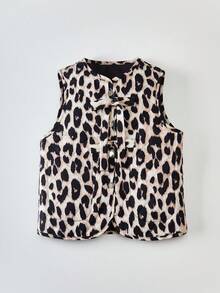 Tween Girl Leopard Print Reversible Front Tie Casual Vest, Winter Jacket Fall - Coffee Brown - View 3