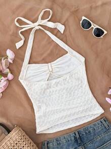 SHEIN 少女奶油色针织提花吊带背心，适合夏季休闲和度假