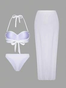 Swim Oasis Conjunto de 3 piezas de traje de baño para mujer - Traje de playa de color liso de alta gama con detalles metálicos - Blanco - Ver 8