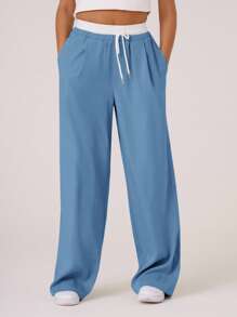 MUSERA Pantalones a medida con cinturón de contraste tejido, estilo veraniego Y2K, lindo, casual, cápsula, vacaciones, días festivos